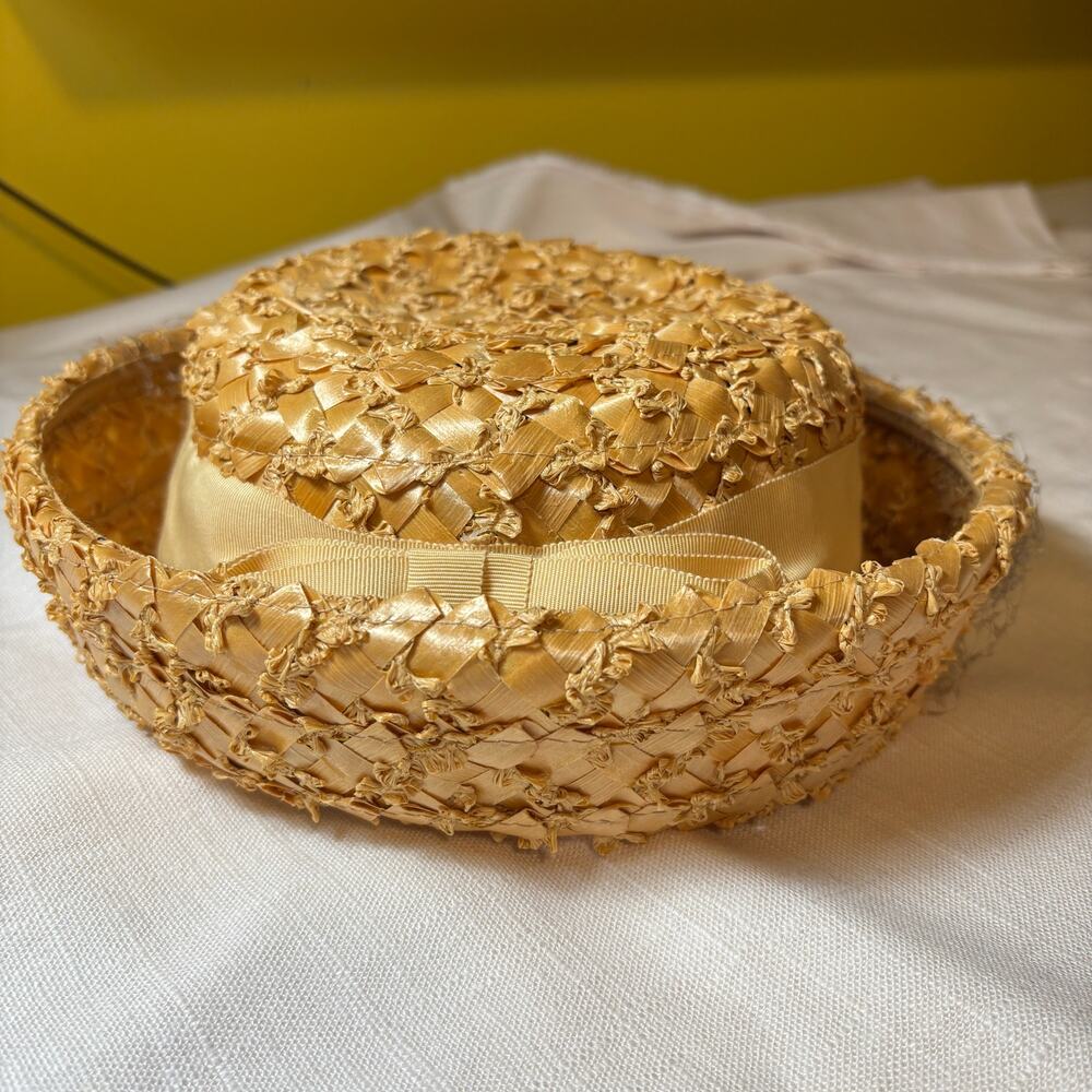 Vintage Woven Straw Wide Brim Hat Large Raffia Style Ribbon Boho Summer